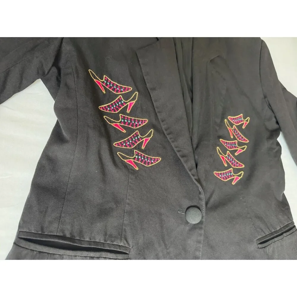 Vintage Black Blazer | Statement High-Heel Embroidery | Size Medium